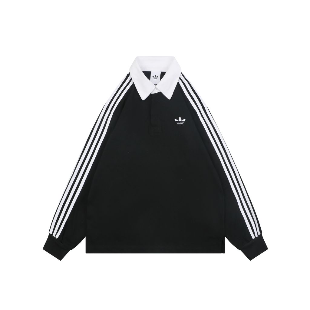 adidas KE3576 Trefoil embroidered long sleeve polo shirt heavyweight 100 percent combed cotton contrast design tri color chest logo relaxed unisex top sizes S-XL