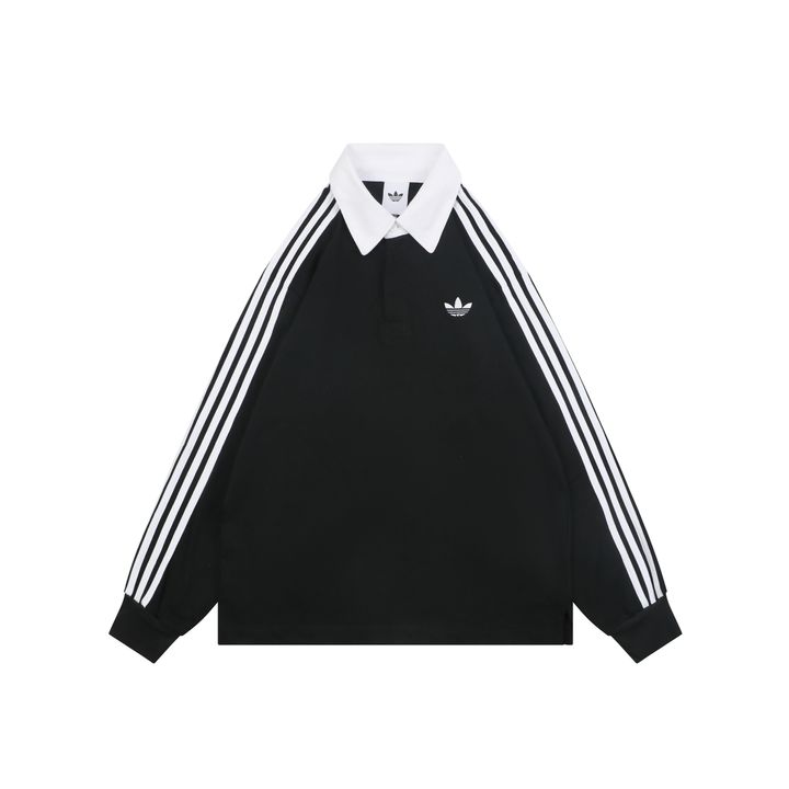 adidas KE3576 Trefoil embroidered long sleeve polo shirt heavyweight 100 percent combed cotton contrast design tri color chest logo relaxed unisex top sizes S-XL