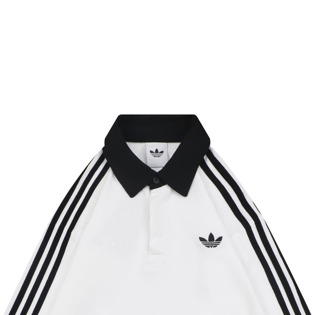 adidas KE3576 Trefoil embroidered long sleeve polo shirt white heavyweight 100 percent combed cotton contrast design tri color chest logo relaxed unisex top sizes S-XL