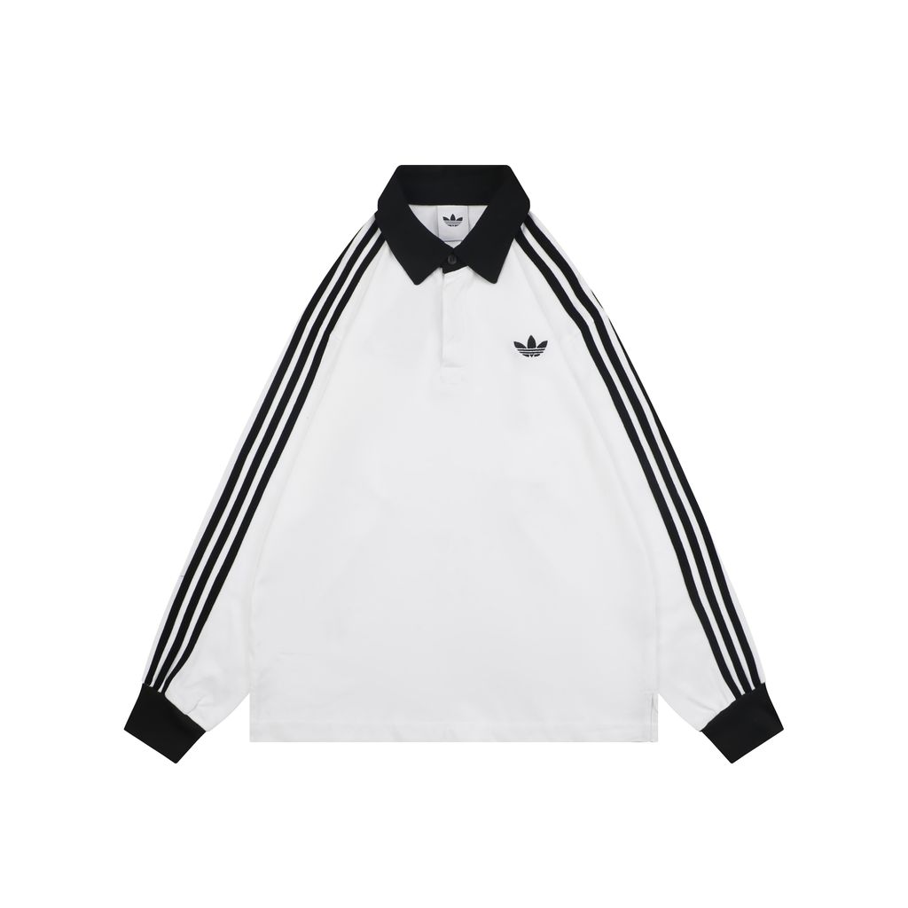 adidas KE3576 Trefoil embroidered long sleeve polo shirt white heavyweight 100 percent combed cotton contrast design tri color chest logo relaxed unisex top sizes S-XL