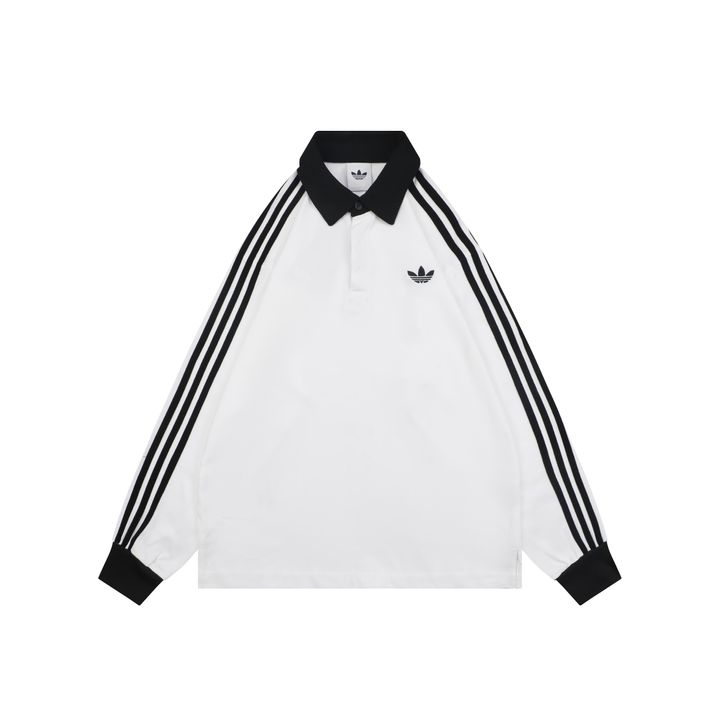 adidas KE3576 Trefoil embroidered long sleeve polo shirt white heavyweight 100 percent combed cotton contrast design tri color chest logo relaxed unisex top sizes S-XL