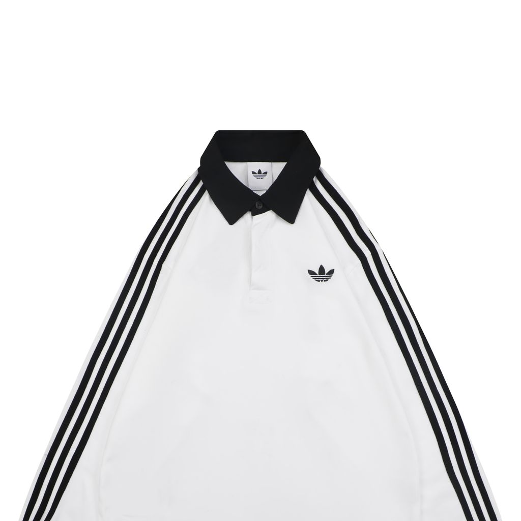 adidas KE3576 Trefoil embroidered long sleeve polo shirt white heavyweight 100 percent combed cotton contrast design tri color chest logo relaxed unisex top sizes S-XL