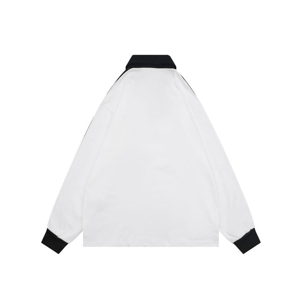 adidas KE3576 Trefoil embroidered long sleeve polo shirt white heavyweight 100 percent combed cotton contrast design tri color chest logo relaxed unisex top sizes S-XL