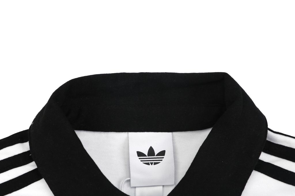 adidas KE3576 Trefoil embroidered long sleeve polo shirt white heavyweight 100 percent combed cotton contrast design tri color chest logo relaxed unisex top sizes S-XL