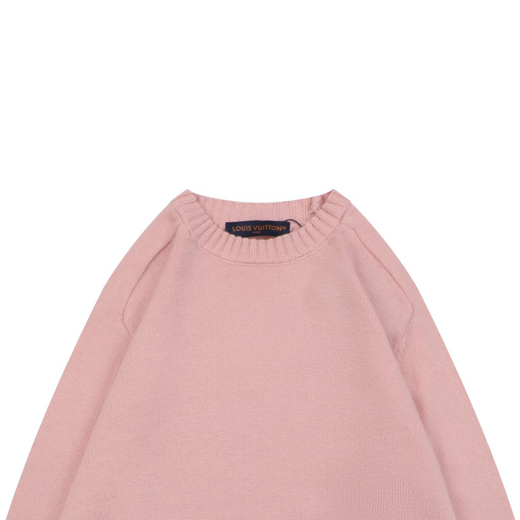 Louis Vuitton Monogram leather patch crew neck sweater pink 100 percent cotton knit embossed cowhide rear neck patch garment washed pullover sizes S-XL