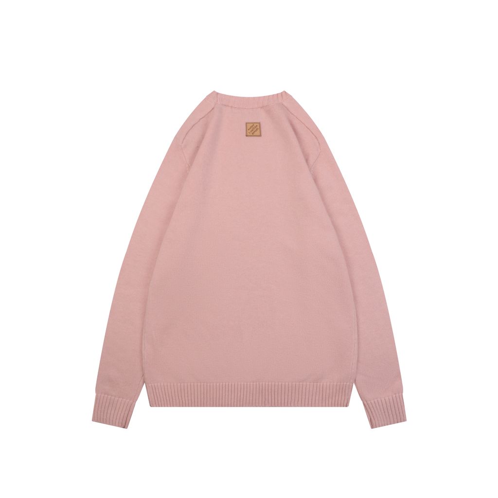 Louis Vuitton Monogram leather patch crew neck sweater pink 100 percent cotton knit embossed cowhide rear neck patch garment washed pullover sizes S-XL