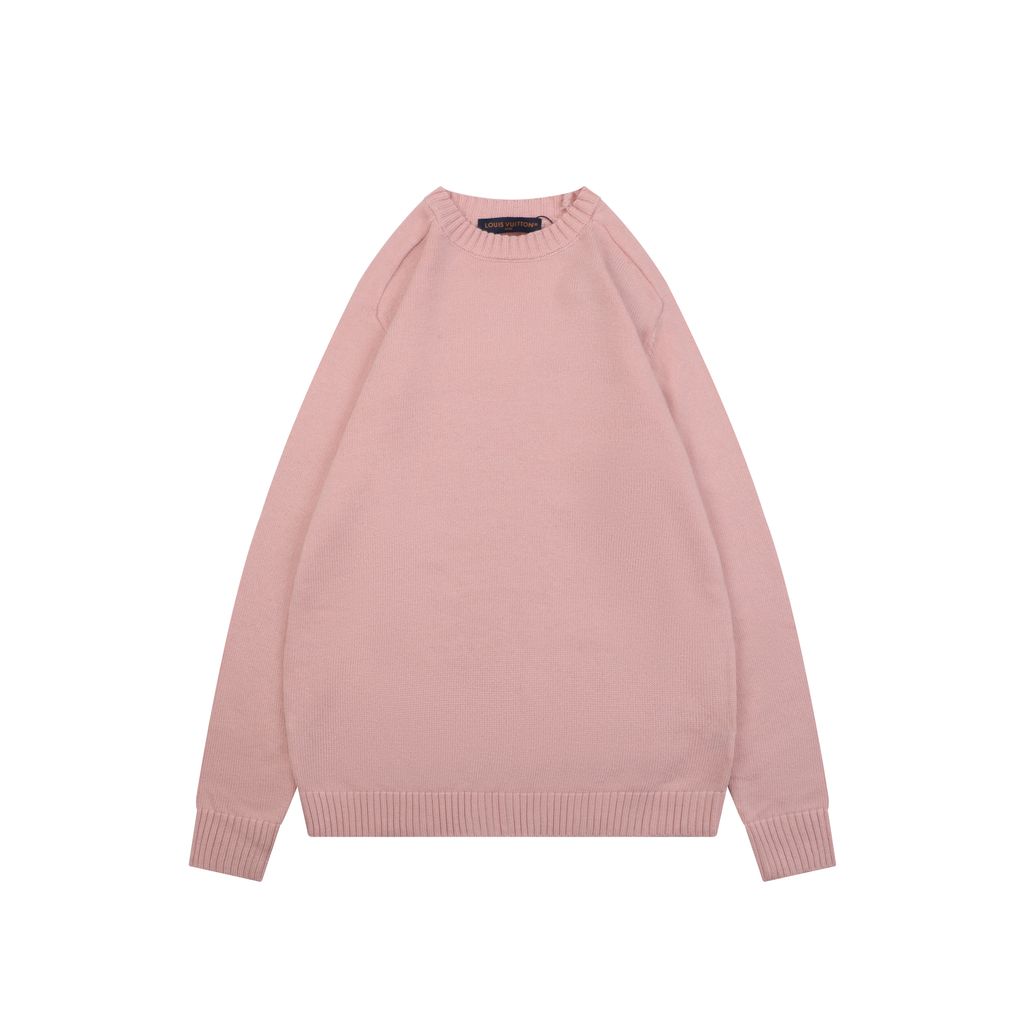 Louis Vuitton Monogram leather patch crew neck sweater pink 100 percent cotton knit embossed cowhide rear neck patch garment washed pullover sizes S-XL