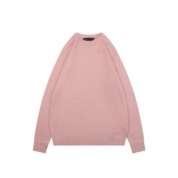 Louis Vuitton Monogram leather patch crew neck sweater pink 100 percent cotton knit embossed cowhide rear neck patch garment washed pullover sizes S-XL