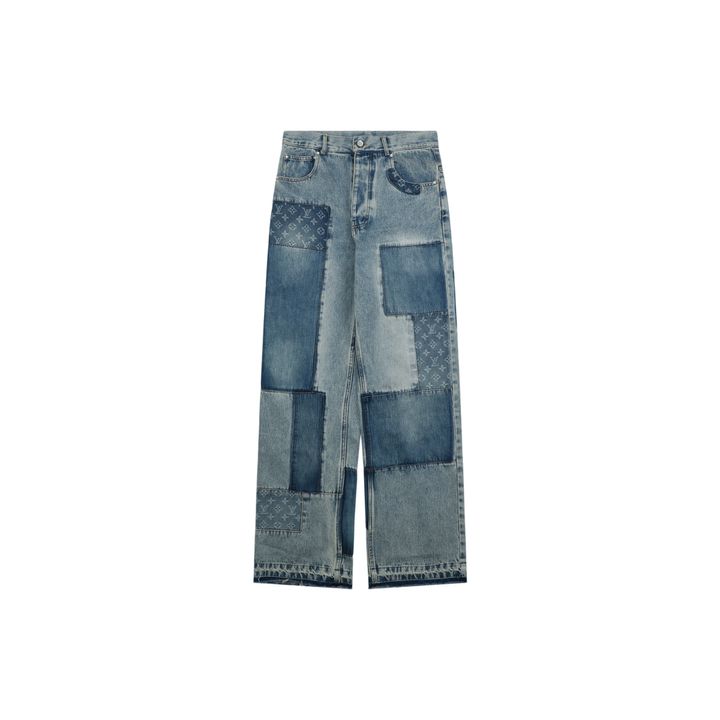 Louis Vuitton Monogram patchwork denim jeans 100 percent cotton right hand twill jacquard woven denim vintage washed indigo pants sizes 28 30 32 34