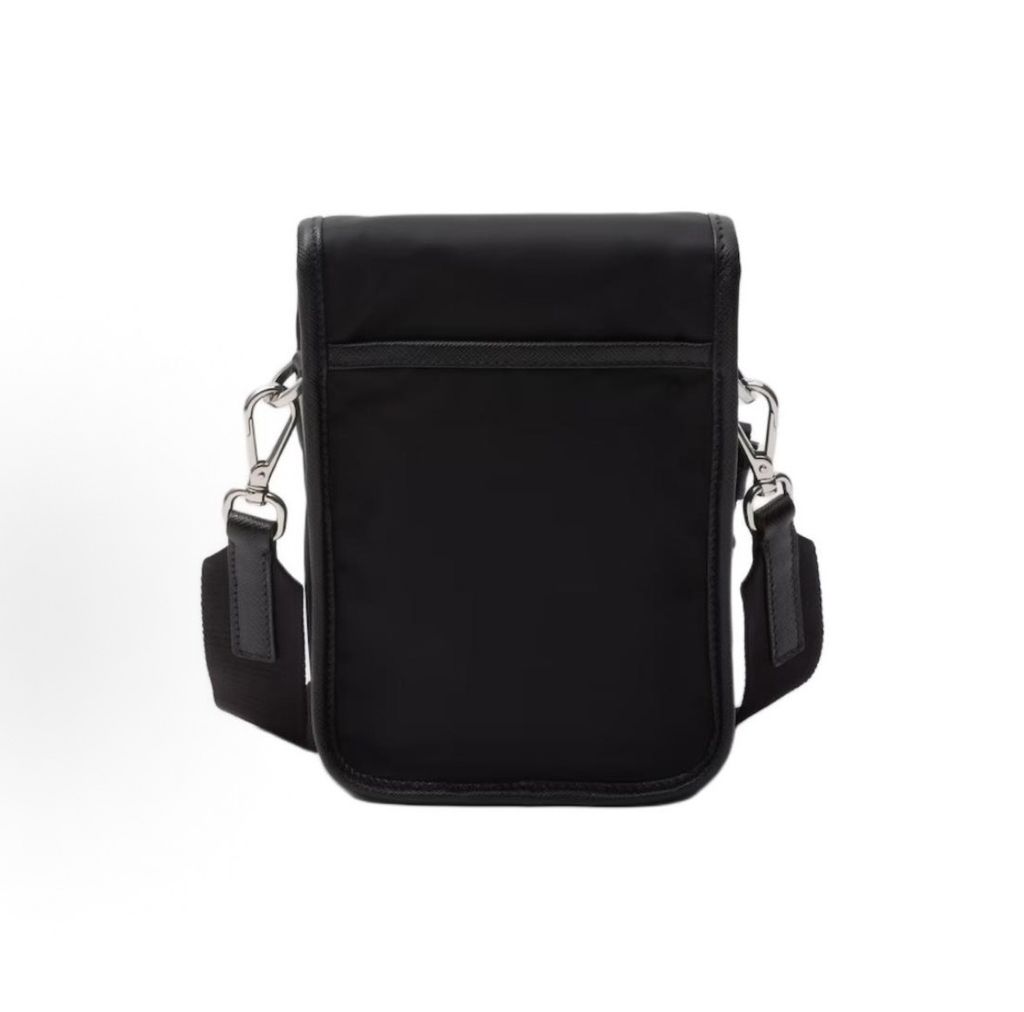 Prada 2VD043 black mens crossbody shoulder bag recycled nylon Saffiano leather flap closure compact messenger bag 19 x 5.5 x 14 cm