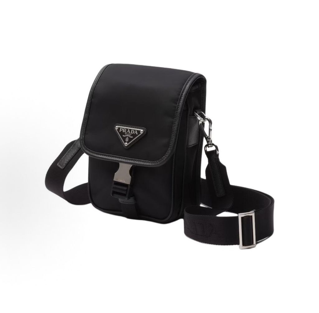 Prada 2VD043 black mens crossbody shoulder bag recycled nylon Saffiano leather flap closure compact messenger bag 19 x 5.5 x 14 cm