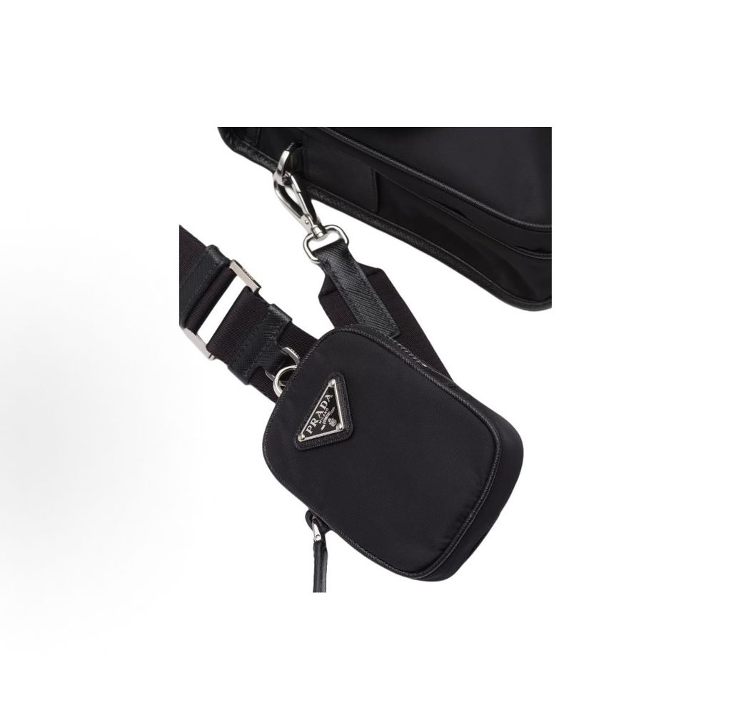 Prada 2VD043 black mens crossbody shoulder bag recycled nylon Saffiano leather flap closure compact messenger bag 19 x 5.5 x 14 cm