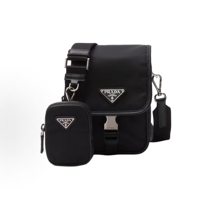 Prada 2VD043 black mens crossbody shoulder bag recycled nylon Saffiano leather flap closure compact messenger bag 19 x 5.5 x 14 cm