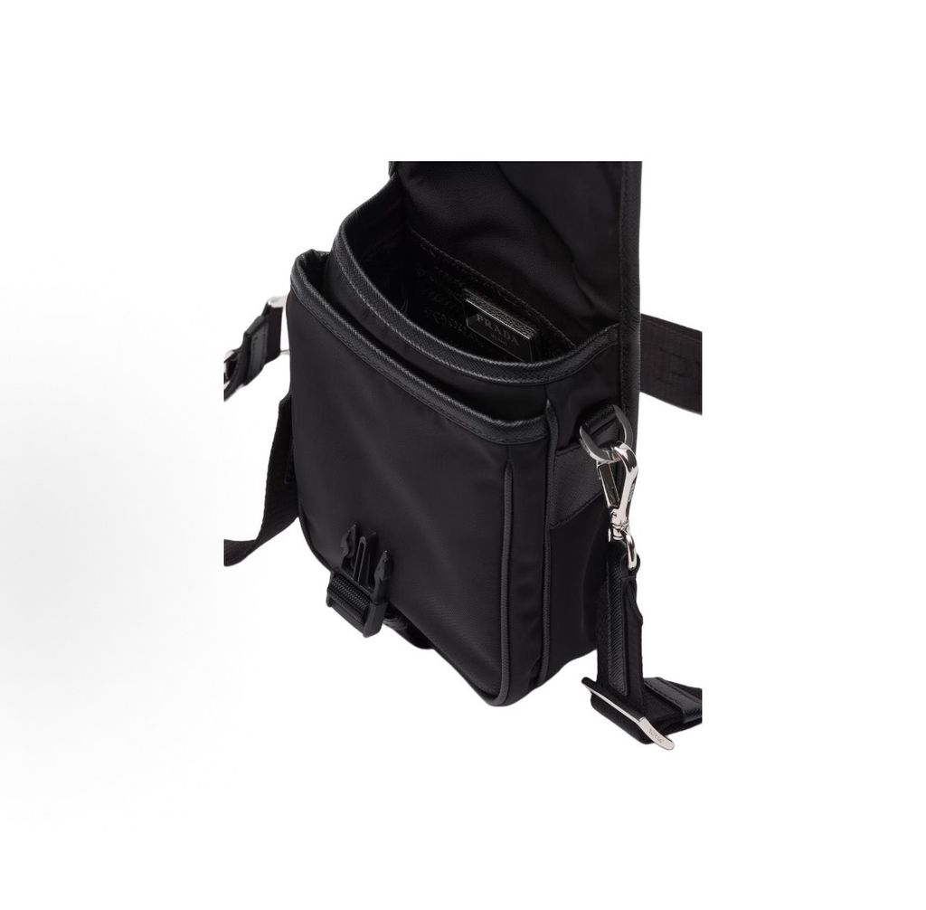 Prada 2VD043 black mens crossbody shoulder bag recycled nylon Saffiano leather flap closure compact messenger bag 19 x 5.5 x 14 cm