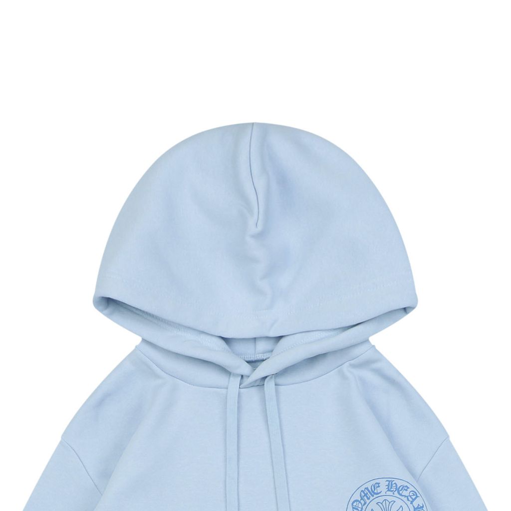 Chrome Hearts cross Sanskrit scroll print hoodie light blue 340g 100 percent cotton brushed fleece vintage washed heat cured graphic unisex sweatshirt sizes S-L