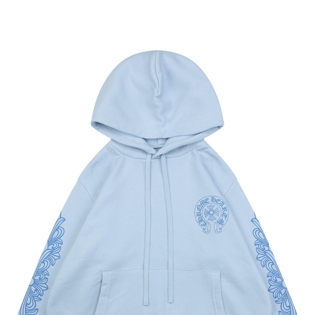 Chrome Hearts cross Sanskrit scroll print hoodie light blue 340g 100 percent cotton brushed fleece vintage washed heat cured graphic unisex sweatshirt sizes S-L