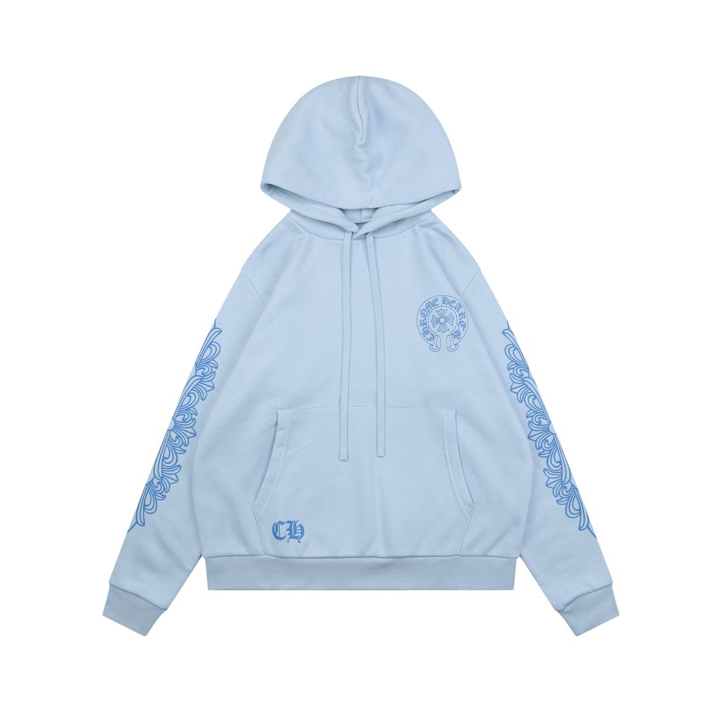 Chrome Hearts cross Sanskrit scroll print hoodie light blue 340g 100 percent cotton brushed fleece vintage washed heat cured graphic unisex sweatshirt sizes S-L
