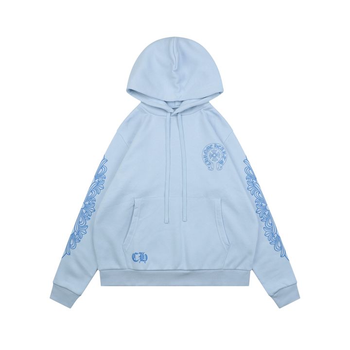 Chrome Hearts cross Sanskrit scroll print hoodie light blue 340g 100 percent cotton brushed fleece vintage washed heat cured graphic unisex sweatshirt sizes S-L