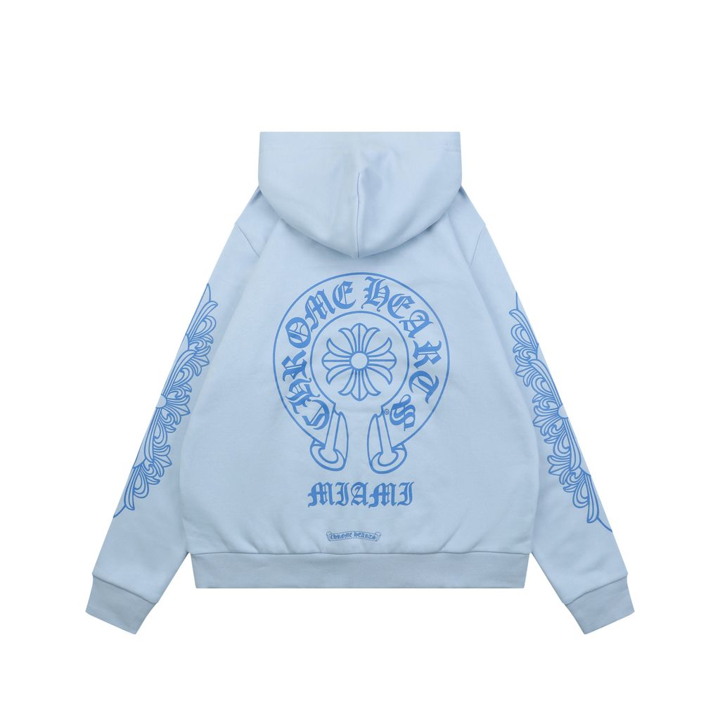 Chrome Hearts cross Sanskrit scroll print hoodie light blue 340g 100 percent cotton brushed fleece vintage washed heat cured graphic unisex sweatshirt sizes S-L