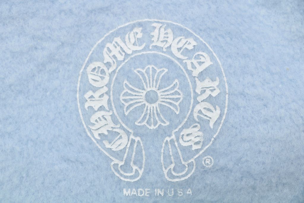 Chrome Hearts cross Sanskrit scroll print hoodie light blue 340g 100 percent cotton brushed fleece vintage washed heat cured graphic unisex sweatshirt sizes S-L