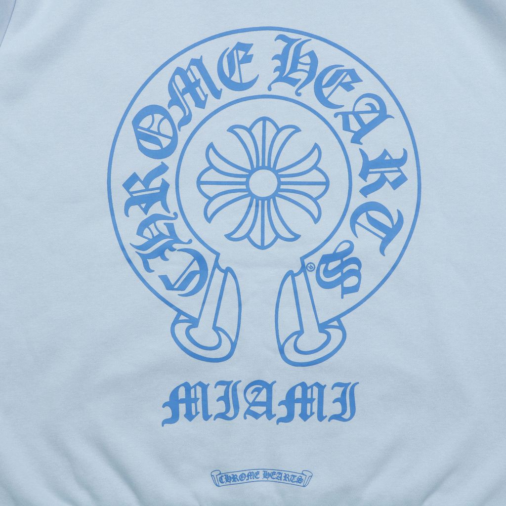 Chrome Hearts cross Sanskrit scroll print hoodie light blue 340g 100 percent cotton brushed fleece vintage washed heat cured graphic unisex sweatshirt sizes S-L