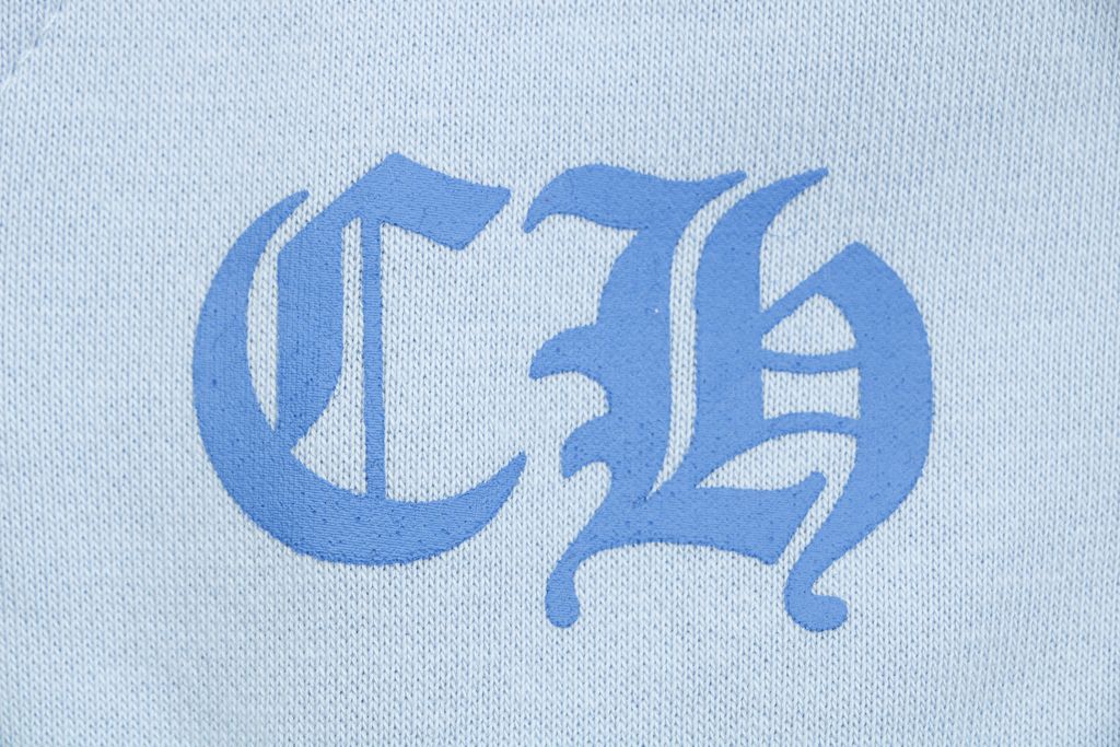 Chrome Hearts cross Sanskrit scroll print hoodie light blue 340g 100 percent cotton brushed fleece vintage washed heat cured graphic unisex sweatshirt sizes S-L