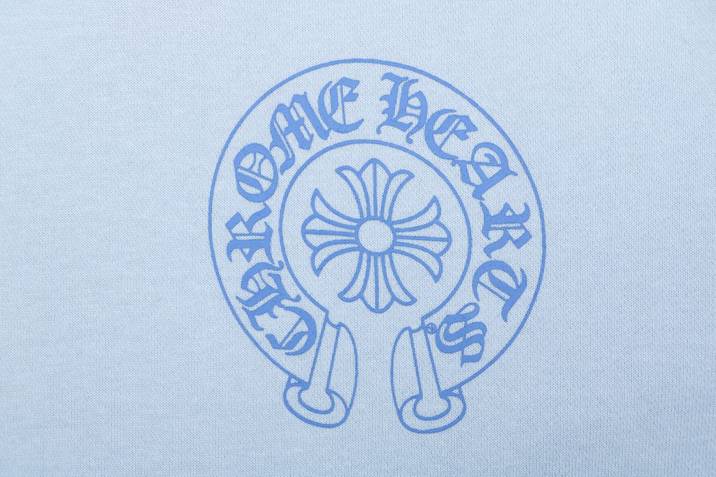 Chrome Hearts cross Sanskrit scroll print hoodie light blue 340g 100 percent cotton brushed fleece vintage washed heat cured graphic unisex sweatshirt sizes S-L