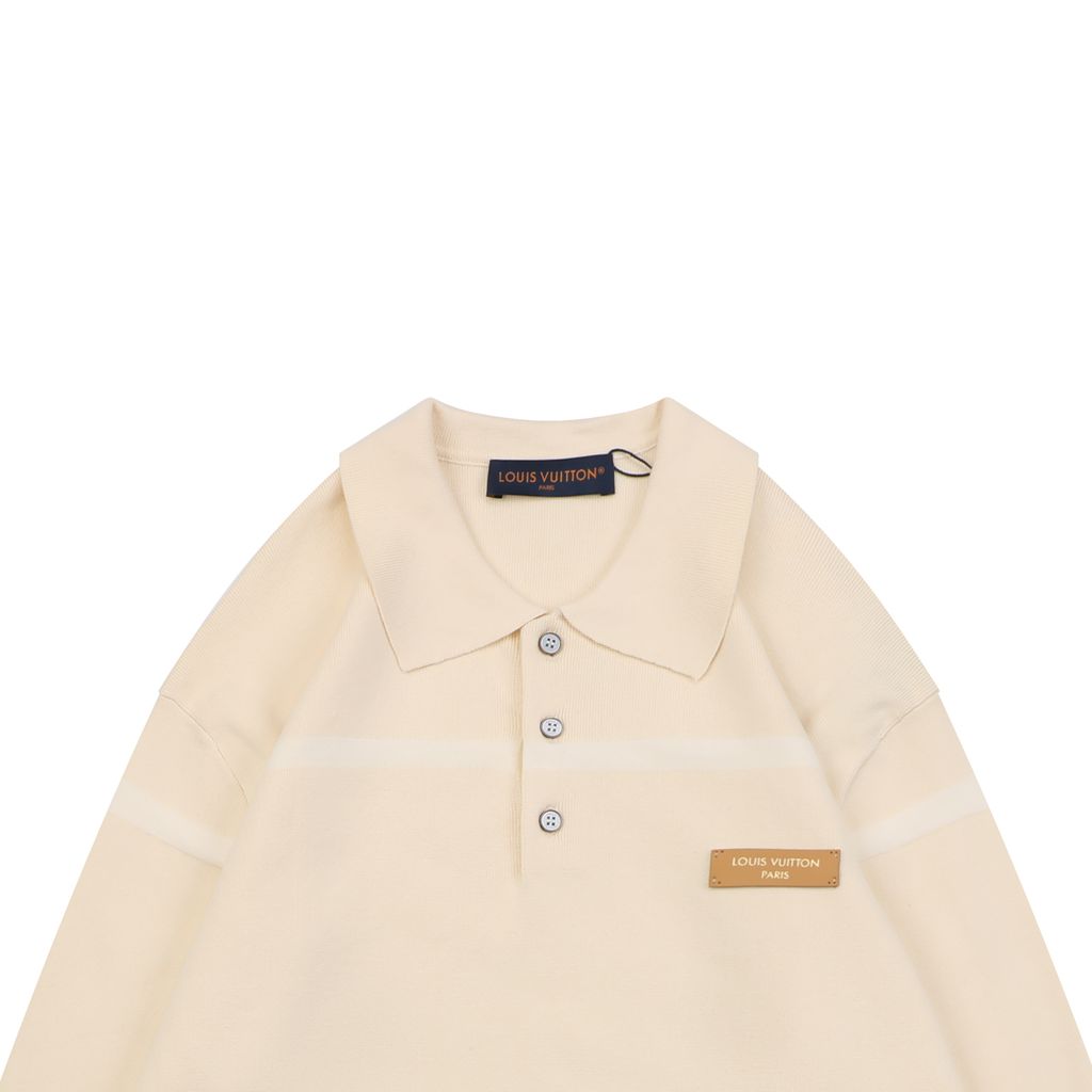 Louis Vuitton leather patch color block polo knit sweater 100 percent cotton yarn soft lambskin printed logo patch washed finish collar pullover sizes S-XL