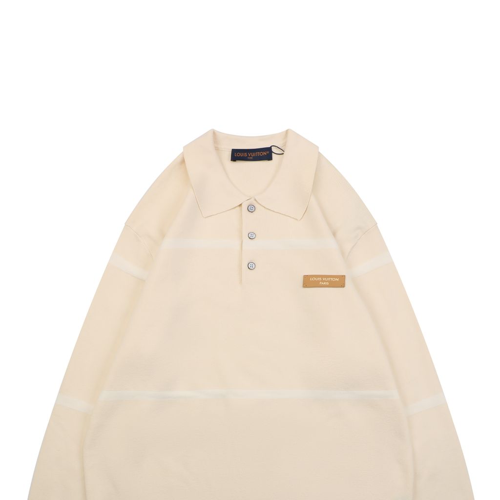 Louis Vuitton leather patch color block polo knit sweater 100 percent cotton yarn soft lambskin printed logo patch washed finish collar pullover sizes S-XL