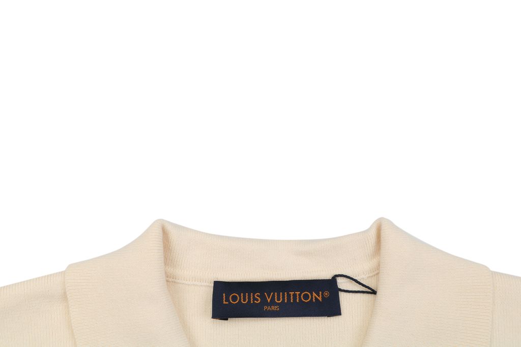 Louis Vuitton leather patch color block polo knit sweater 100 percent cotton yarn soft lambskin printed logo patch washed finish collar pullover sizes S-XL