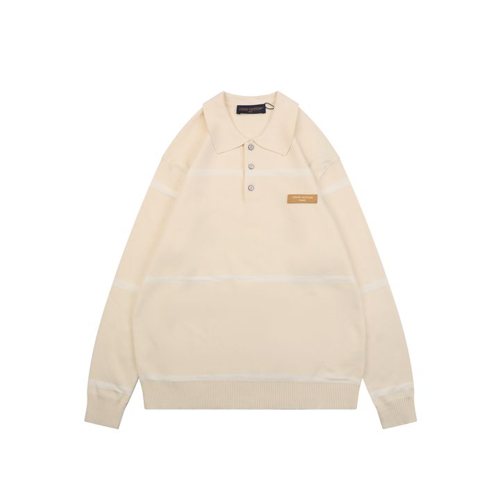 Louis Vuitton leather patch color block polo knit sweater 100 percent cotton yarn soft lambskin printed logo patch washed finish collar pullover sizes S-XL