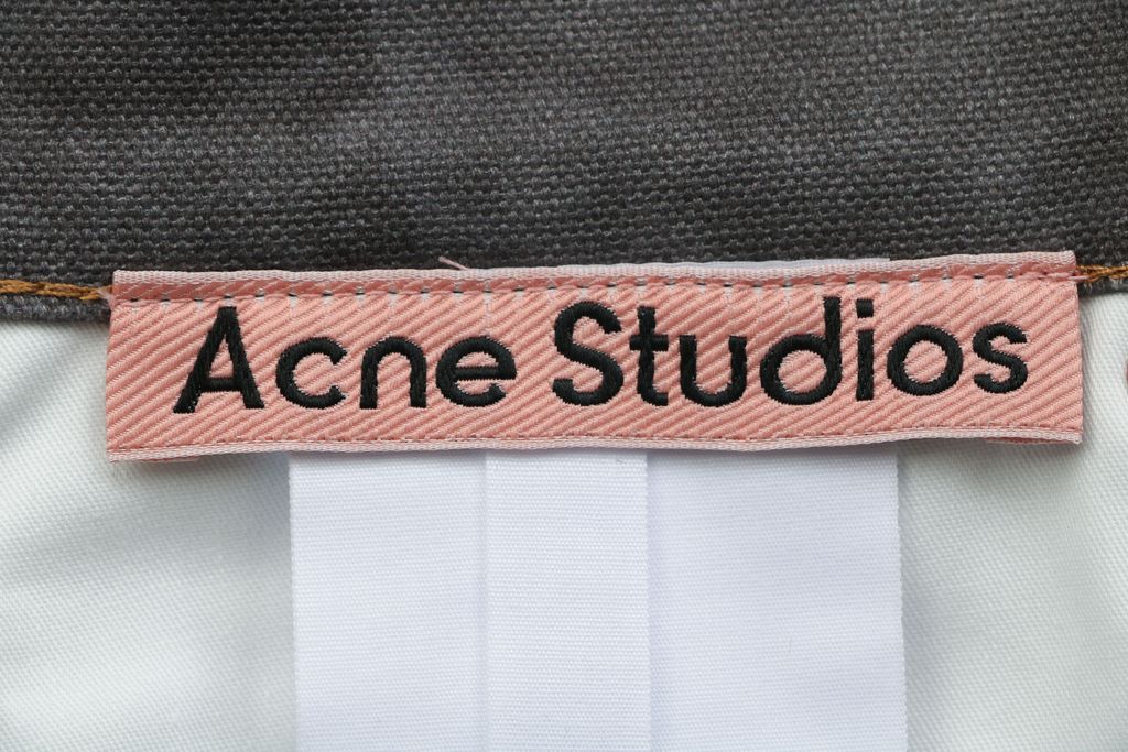 Acne Studios 1996M washed grey print straight leg pants 100 percent cotton high density canvas vintage wash whisker fading mid low rise unisex sizes XS-XXL