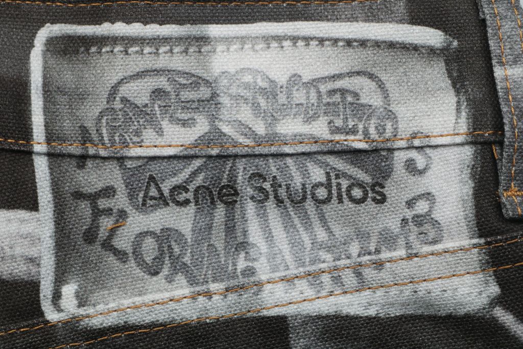 Acne Studios 1996M washed grey print straight leg pants 100 percent cotton high density canvas vintage wash whisker fading mid low rise unisex sizes XS-XXL
