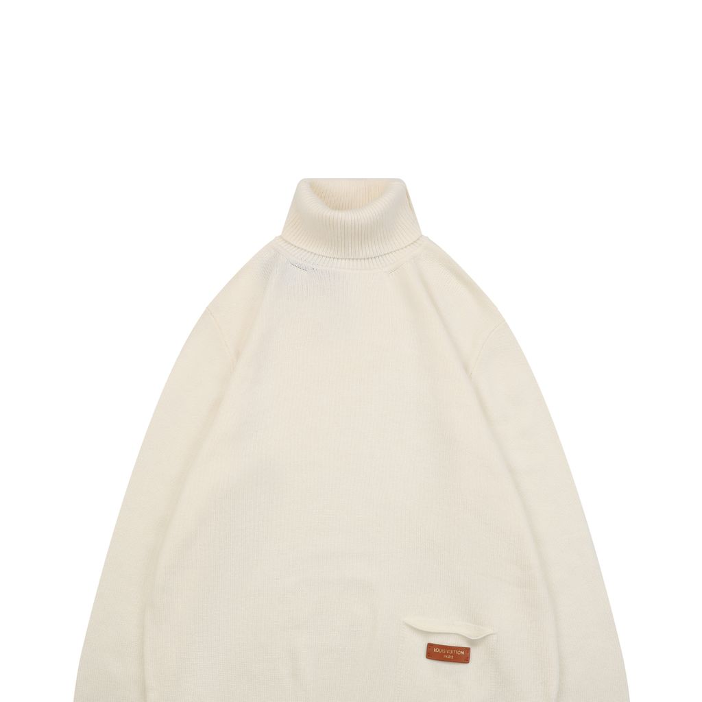 Louis Vuitton pocket leather patch high neck sweater 100 percent cotton knit soft lambskin printed logo detail garment washed knit pullover sizes S-XL