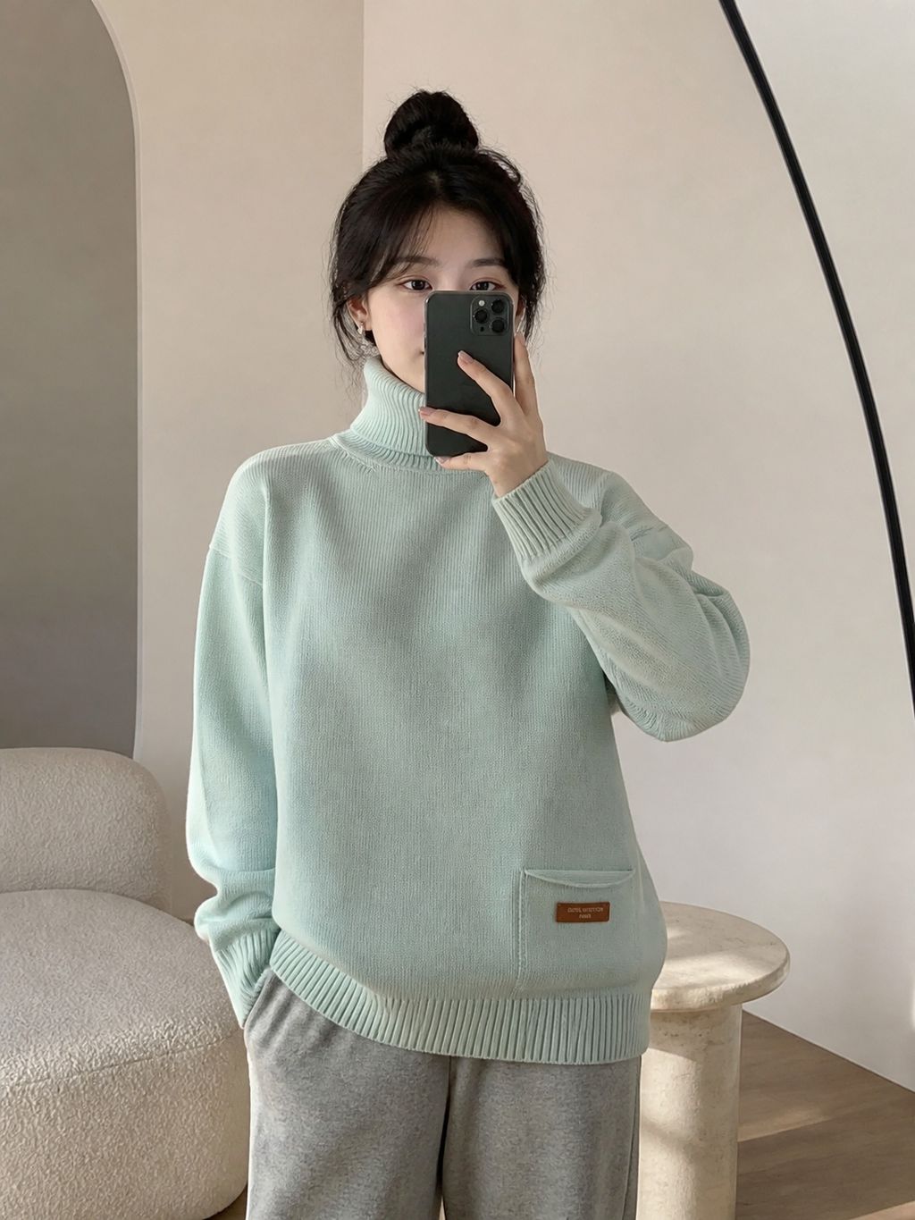 Louis Vuitton pocket leather patch high neck sweater mint green 100 percent cotton knit soft lambskin printed logo detail garment washed pullover sizes S-XL