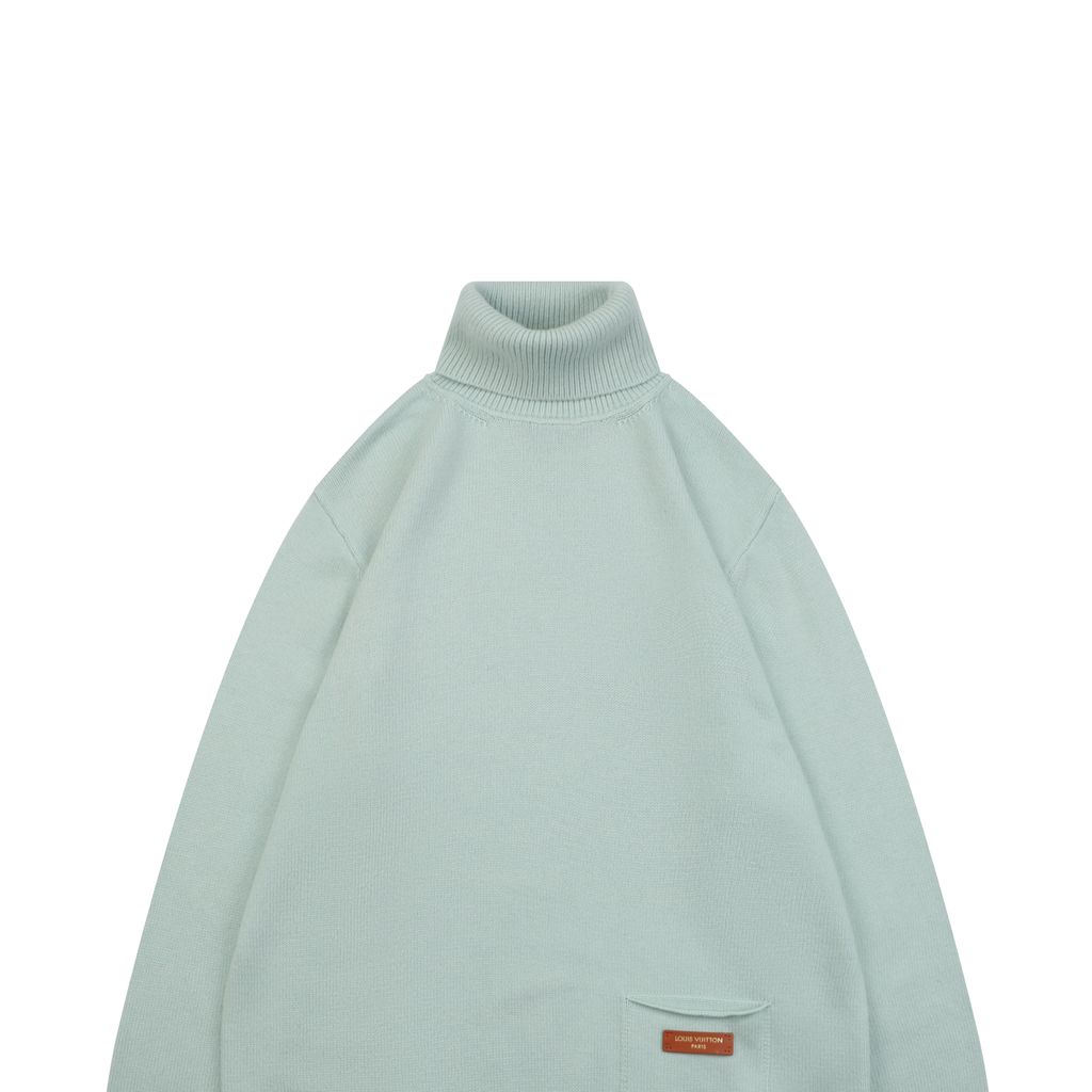 Louis Vuitton pocket leather patch high neck sweater mint green 100 percent cotton knit soft lambskin printed logo detail garment washed pullover sizes S-XL