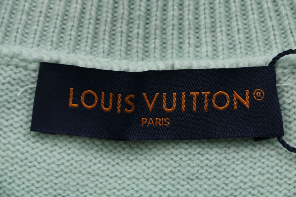 Louis Vuitton pocket leather patch high neck sweater mint green 100 percent cotton knit soft lambskin printed logo detail garment washed pullover sizes S-XL