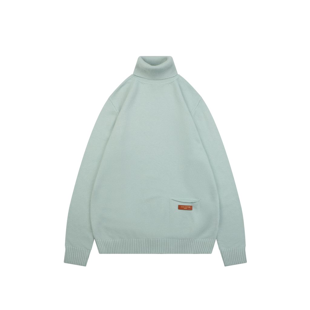 Louis Vuitton pocket leather patch high neck sweater mint green 100 percent cotton knit soft lambskin printed logo detail garment washed pullover sizes S-XL