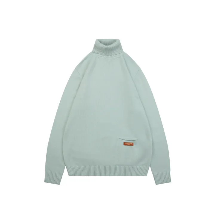 Louis Vuitton pocket leather patch high neck sweater mint green 100 percent cotton knit soft lambskin printed logo detail garment washed pullover sizes S-XL