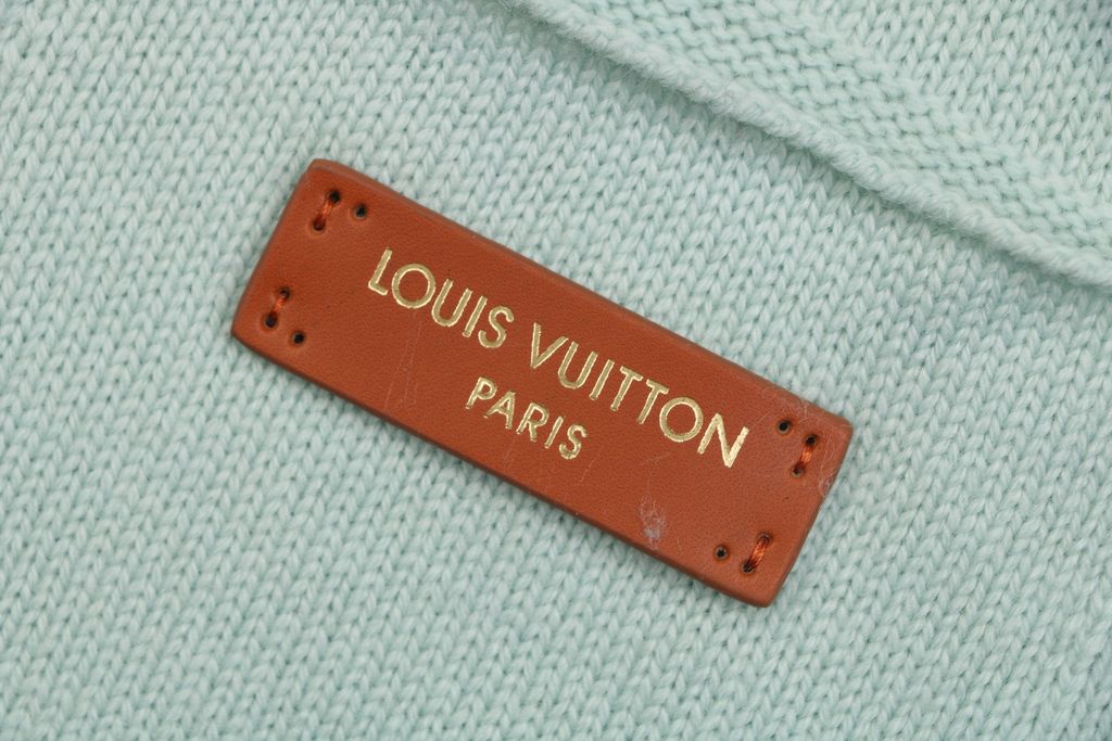 Louis Vuitton pocket leather patch high neck sweater mint green 100 percent cotton knit soft lambskin printed logo detail garment washed pullover sizes S-XL