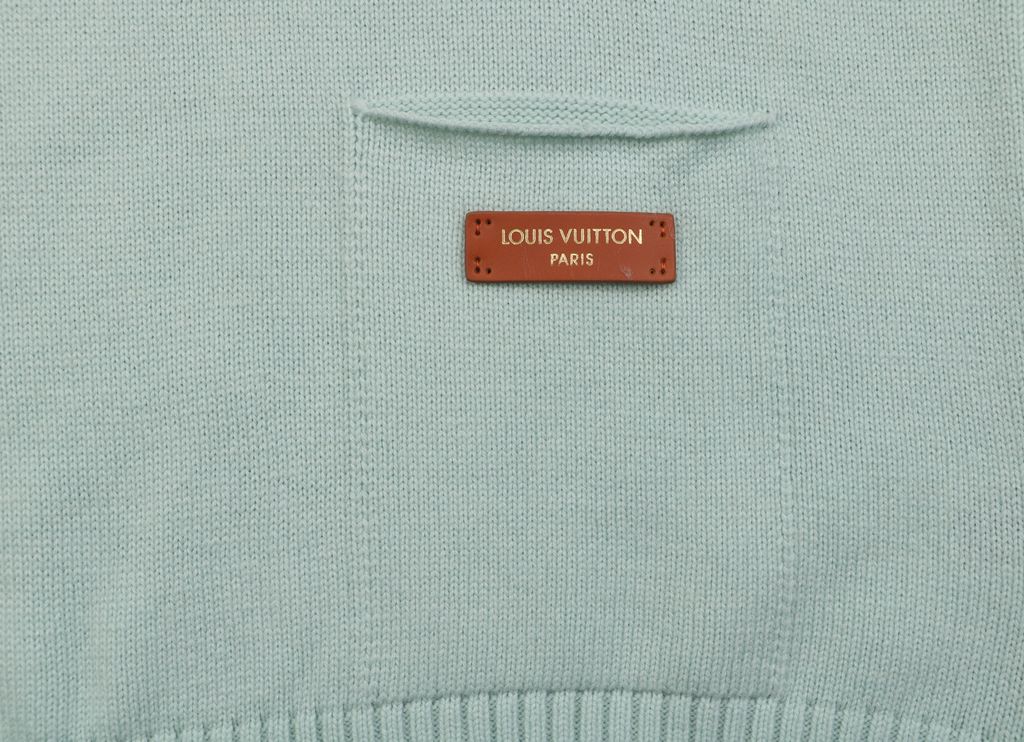 Louis Vuitton pocket leather patch high neck sweater mint green 100 percent cotton knit soft lambskin printed logo detail garment washed pullover sizes S-XL