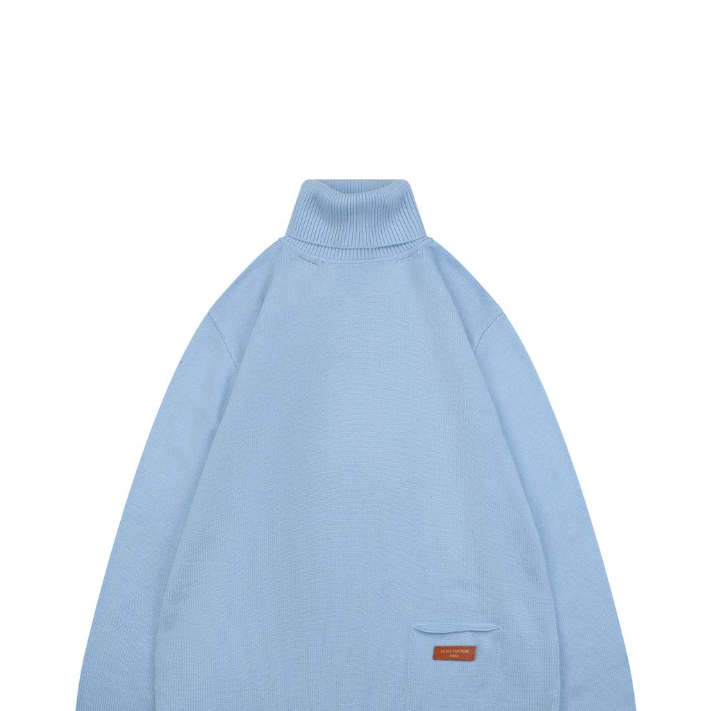 Louis Vuitton pocket leather patch high neck sweater blue 100 percent cotton knit soft lambskin printed logo detail garment washed pullover sizes S-XL