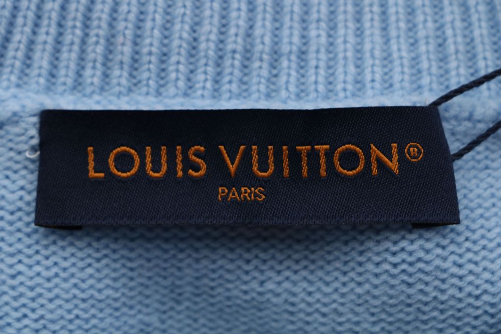 Louis Vuitton pocket leather patch high neck sweater blue 100 percent cotton knit soft lambskin printed logo detail garment washed pullover sizes S-XL