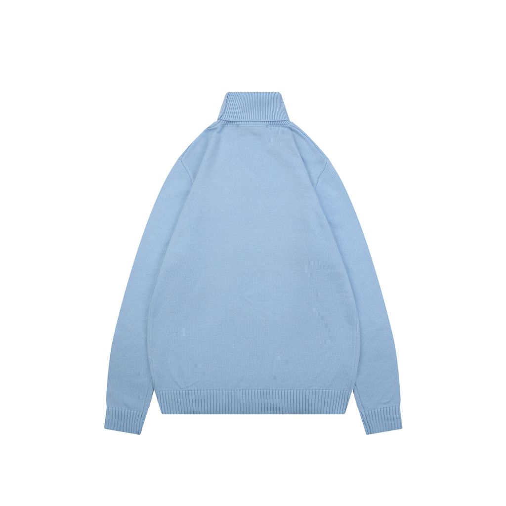 Louis Vuitton pocket leather patch high neck sweater blue 100 percent cotton knit soft lambskin printed logo detail garment washed pullover sizes S-XL