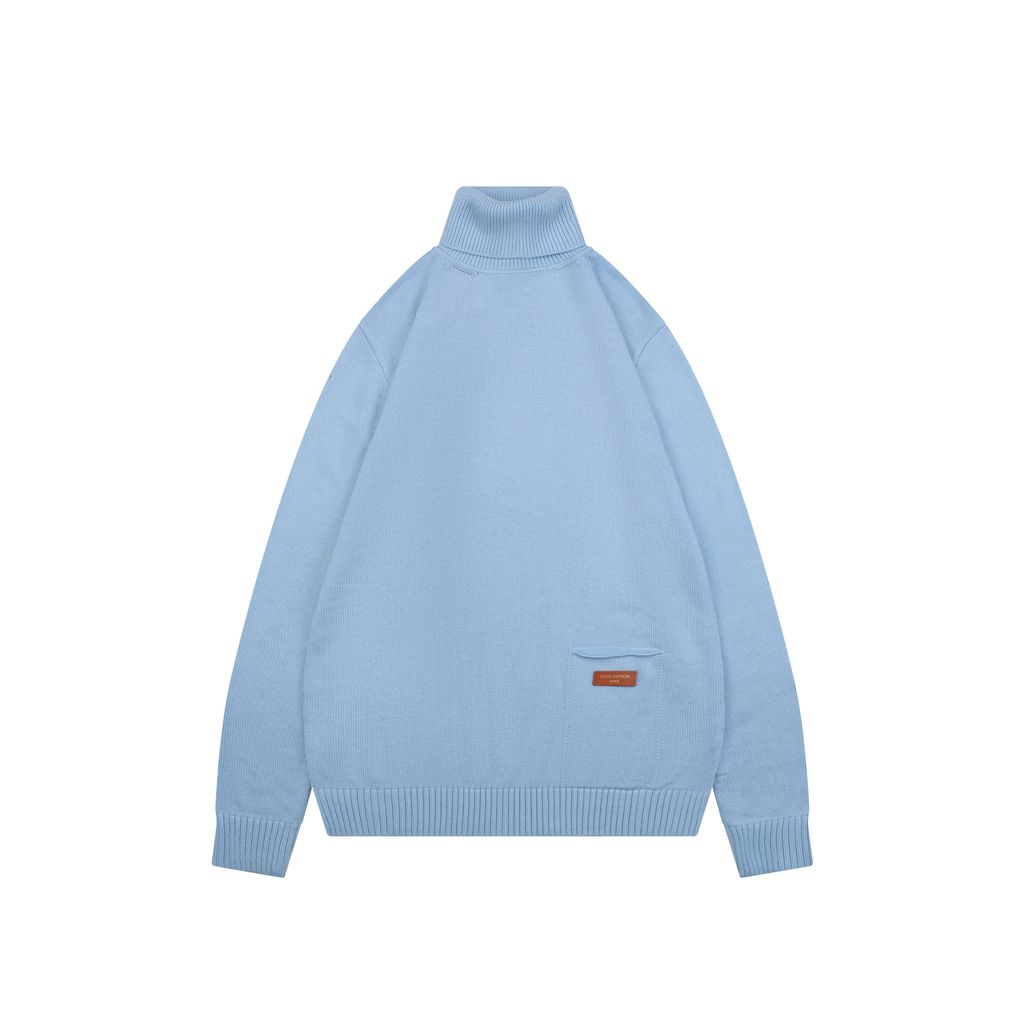 Louis Vuitton pocket leather patch high neck sweater blue 100 percent cotton knit soft lambskin printed logo detail garment washed pullover sizes S-XL
