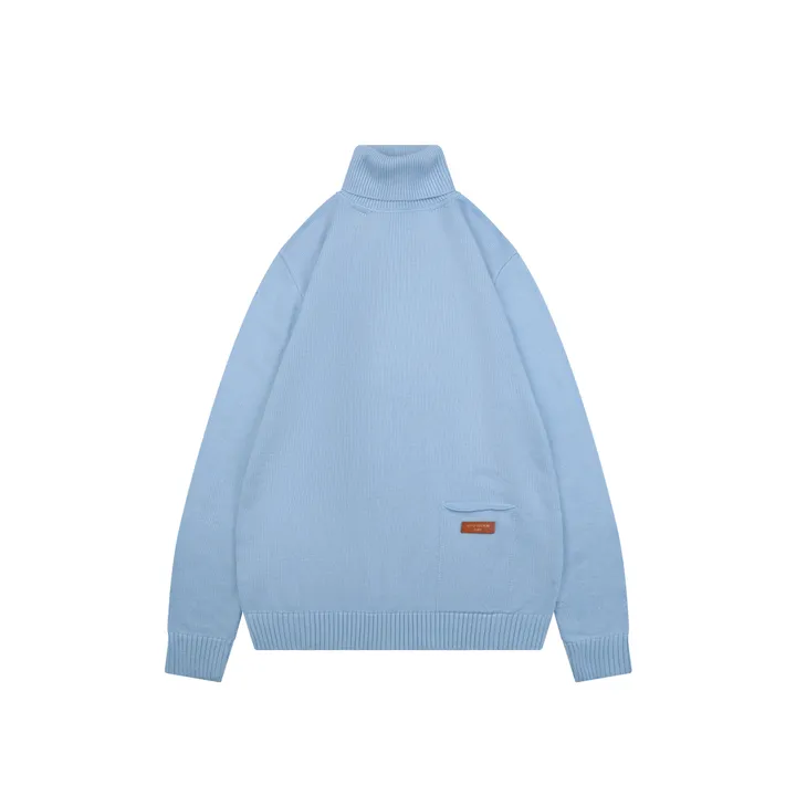 Louis Vuitton pocket leather patch high neck sweater blue 100 percent cotton knit soft lambskin printed logo detail garment washed pullover sizes S-XL