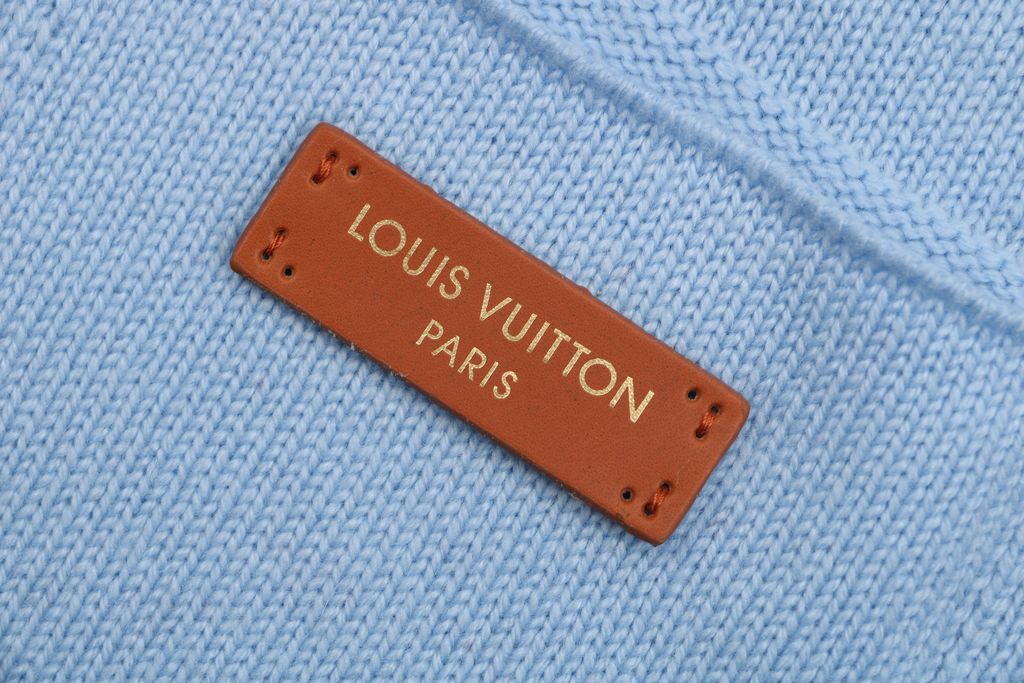 Louis Vuitton pocket leather patch high neck sweater blue 100 percent cotton knit soft lambskin printed logo detail garment washed pullover sizes S-XL