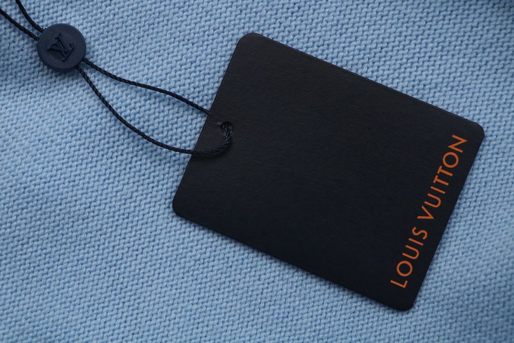 Louis Vuitton pocket leather patch high neck sweater blue 100 percent cotton knit soft lambskin printed logo detail garment washed pullover sizes S-XL