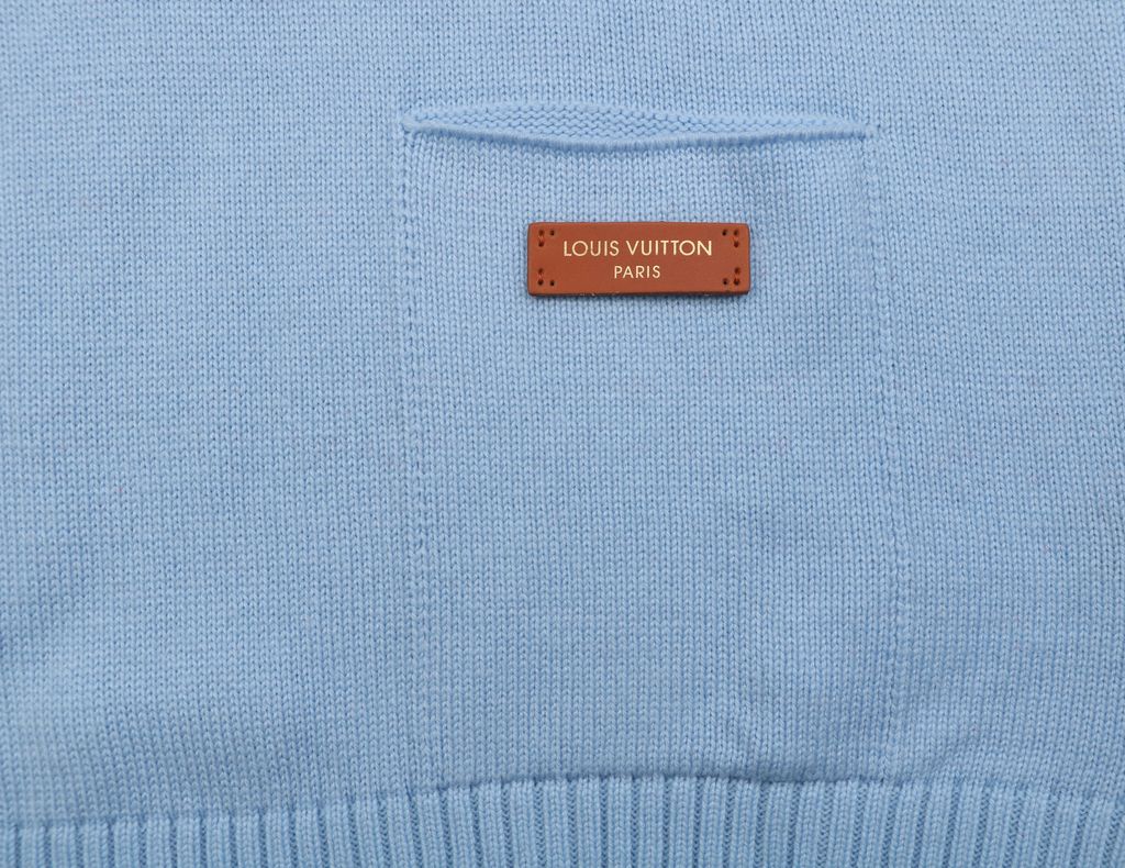 Louis Vuitton pocket leather patch high neck sweater blue 100 percent cotton knit soft lambskin printed logo detail garment washed pullover sizes S-XL