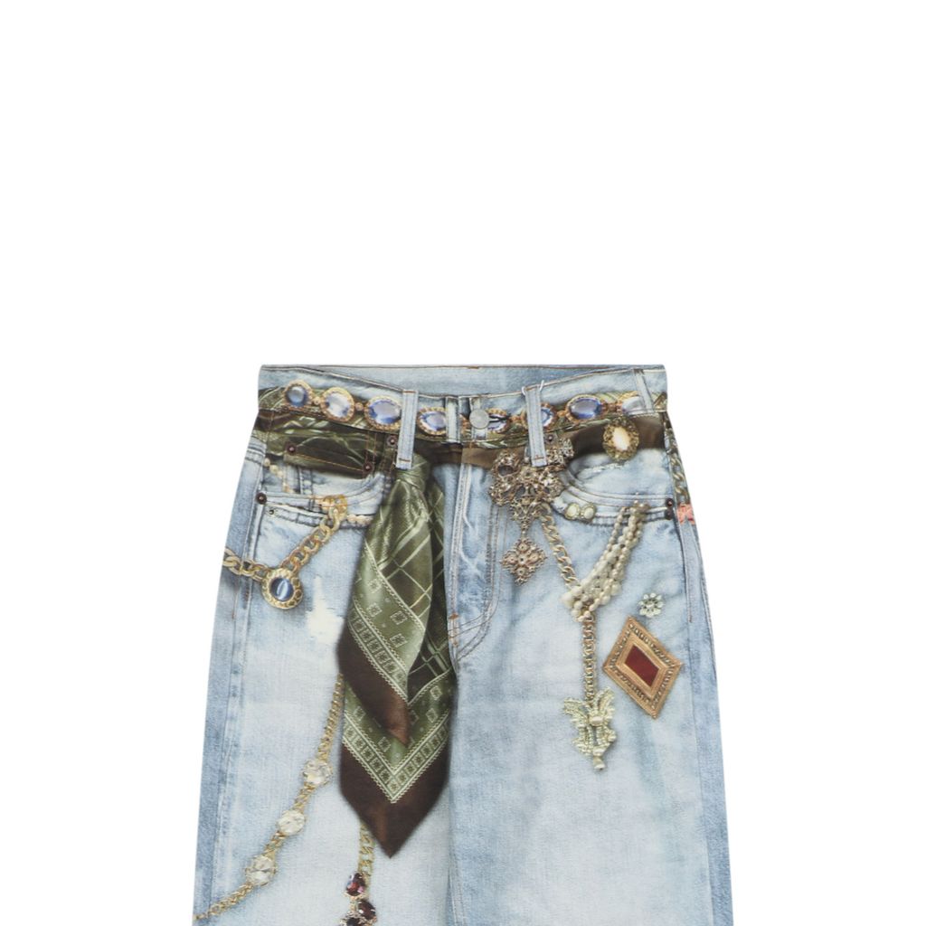 Acne Studios 1996M scarf gemstone pendant print straight leg pants 100 percent cotton high density canvas vintage wash whisker fading mid low rise unisex sizes XS-XXL